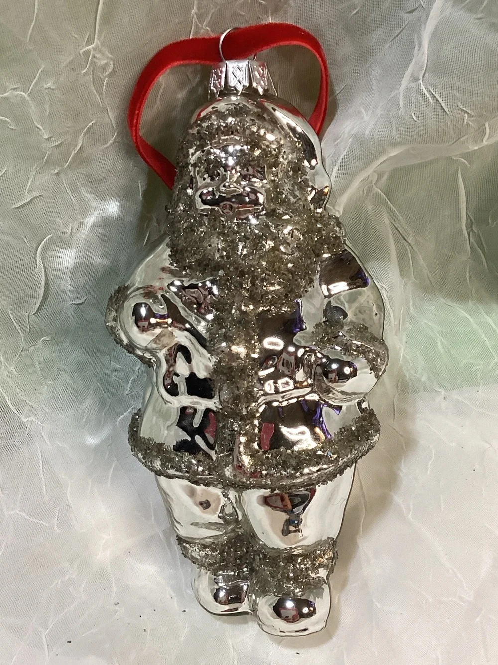 Silver Mercury Glass Glitter Santa Ornament Red Velvet Ribbon 5.5